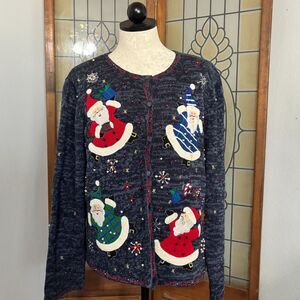 Designers Originals Joy Blue Button Cardigan Santa Embroidery Appliqué Size M
